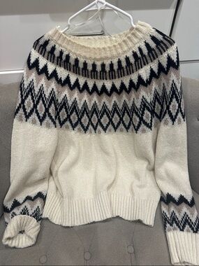 Lucky Brand Cream Fair Isle Crewneck Sweater with Black & Tan Accents